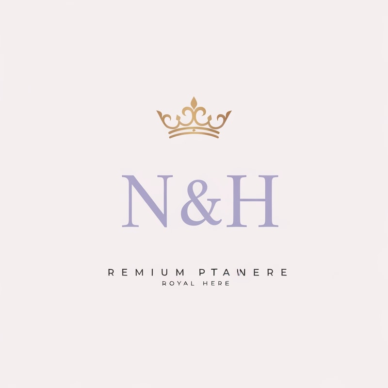 Create a premium monogram logo featuring the initials “N & H” in elegant serif font. Place a stylish feminine crown above the letters, inspired by modern princess elegance. Use soft lavender purple and warm cream as the primary colors, enhanced with refined metallic gold details. The logo should feel luxurious, feminine, graceful, and high-end. Minimalist royal beauty logo, elegant typography, classy feminine branding, sophisticated and soft luxury aesthetic, clean and balanced layout.