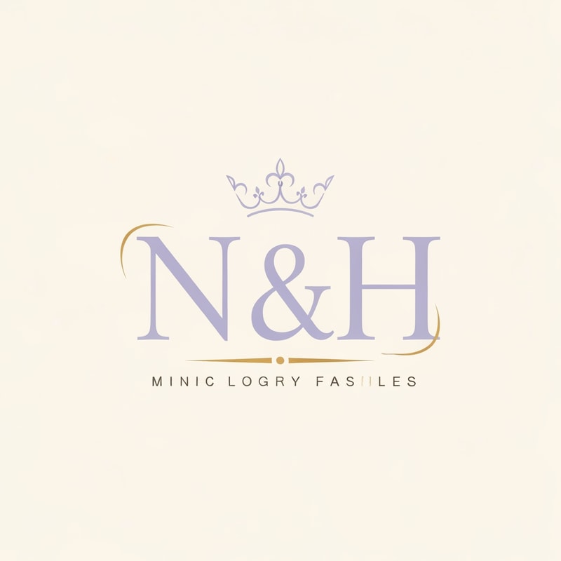 Design a chic and feminine luxury logo for “N & H” using stylish serif typography. Include a delicate feminine crown on top of the initials to symbolize elegance and beauty. Use pastel lavender, soft cream, and subtle gold accents for a refined premium look. The logo should feel soft, luxurious, classy, and elegant, perfect for a beauty, fashion, or feminine brand. Minimal luxury logo, graceful composition, clean branding, sophisticated female aesthetic.
