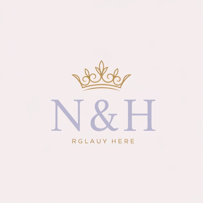 Create an elegant luxury logo with the initials “N & H” in refined serif font. Add a feminine princess crown above the letters, delicate and stylish, designed with soft curves. Use light lavender and creamy beige tones with gold detailing for a premium feminine appearance. The logo should feel graceful, modern, luxurious, and classy. Feminine royal logo design, minimal premium branding, soft luxury style, beauty brand logo, elegant and timeless.