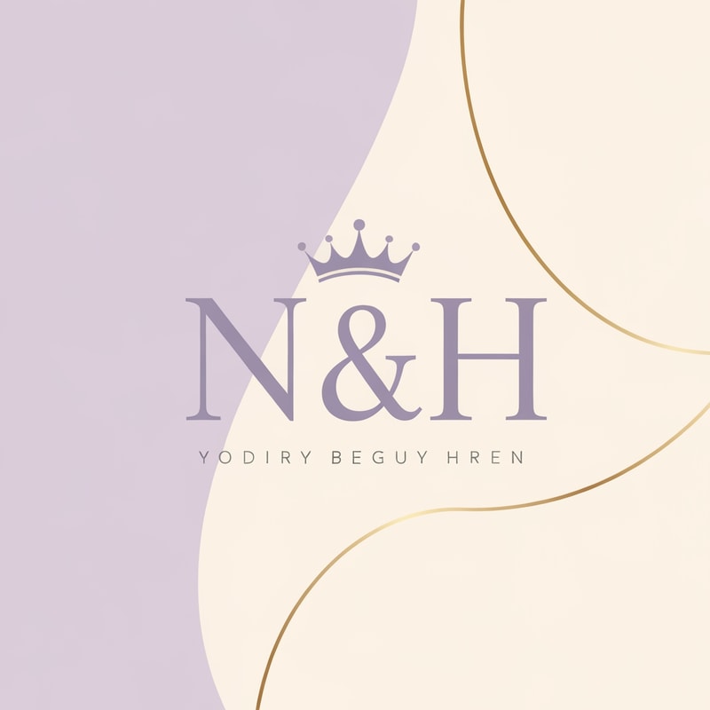 Design a luxurious and feminine logo for the brand name N & H. Use elegant serif typography with a soft feminine touch. Add a delicate princess crown above the initials, designed for a modern classy woman. Use a soft lavender and cream color palette as the main tones, with subtle gold accents for a premium luxurious feel. The logo should look graceful, elegant, minimal, and sophisticated. Clean composition, feminine branding, soft curves, luxury beauty brand style, high-end fashion aesthetic, premium logo design, simple background.