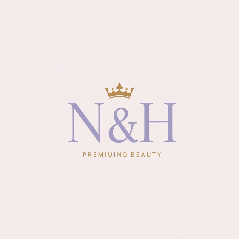 Design a sophisticated feminine logo for “N & H” with elegant serif lettering. Add a small luxurious crown above the initials, styled for a classy feminine brand. Use soft lavender purple as the main color, cream as the secondary tone, and gold accents for elegance and richness. The design should be minimal, luxurious, modern, and feminine. Premium beauty logo, high-end branding, elegant monogram, soft luxury aesthetic, clean background.
