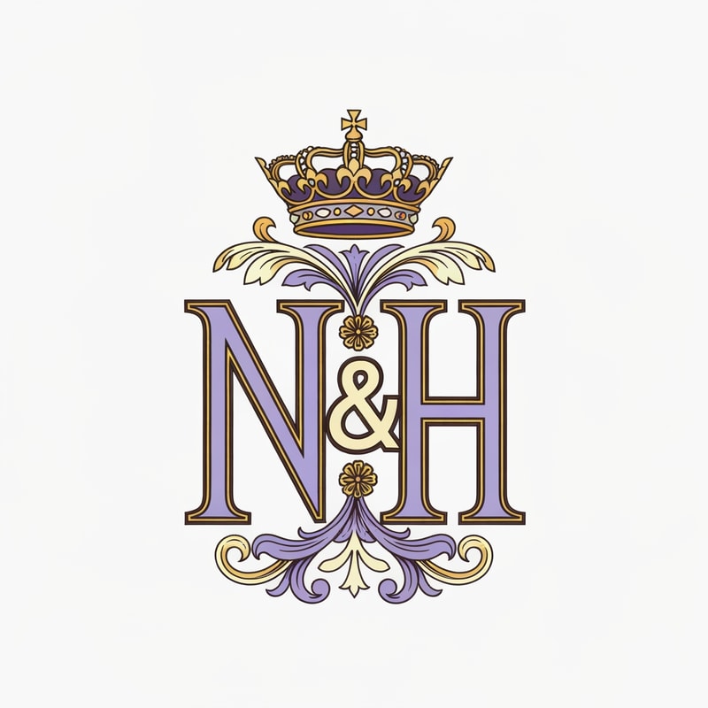 Royal style N and H logo intertwined, pastel purple (lavender) and cream tones with rich gold detailing, ornate crown on top, classic serif font, luxurious and regal aesthetic, symmetrical design, premium branding, high detail, vector illustration