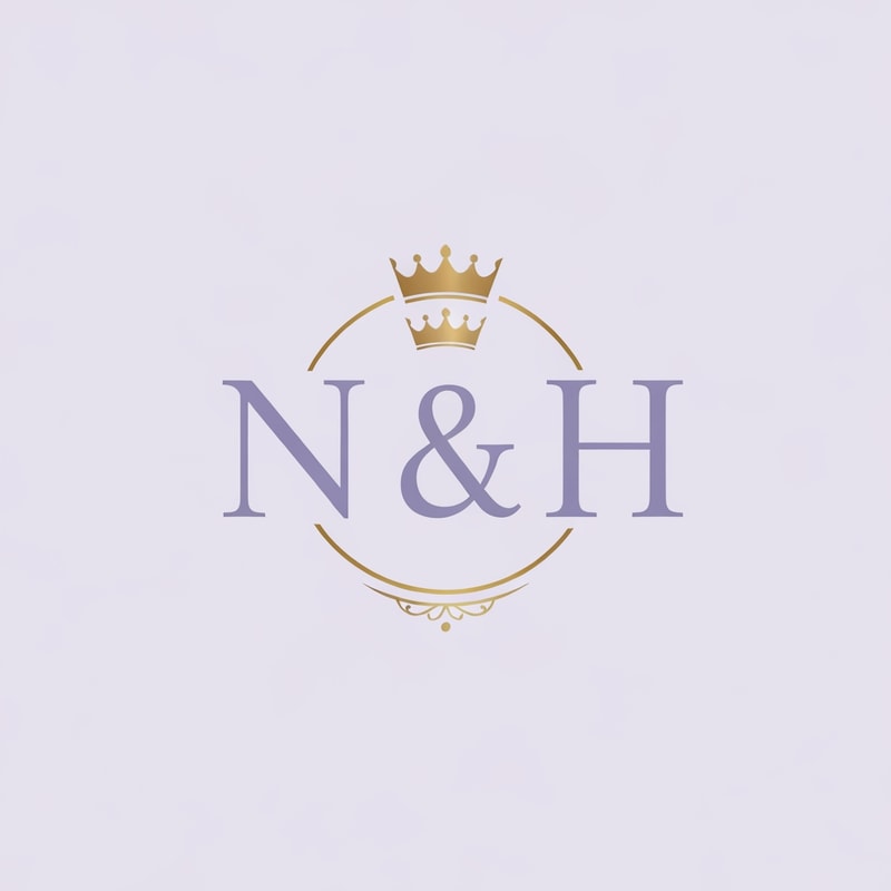 Design a sophisticated feminine logo for “N & H” with elegant serif lettering. Add a small luxurious crown above the initials, styled for a classy feminine brand. Use soft lavender purple as the main color, cream as the secondary tone, and gold accents for elegance and richness. The design should be minimal, luxurious, modern, and feminine. Premium beauty logo, high-end branding, elegant monogram, soft luxury aesthetic, clean background.