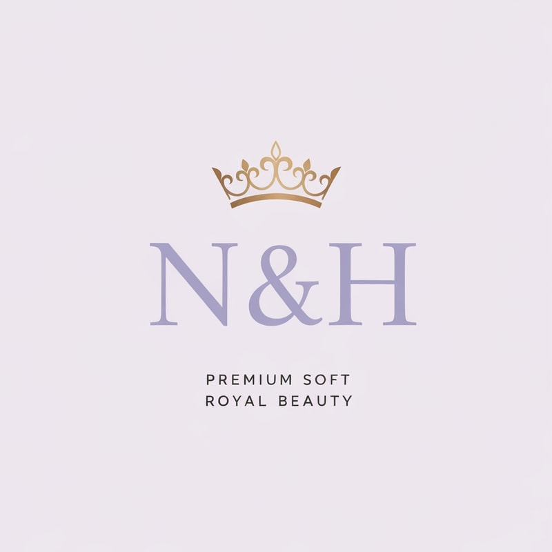 Create a premium monogram logo featuring the initials “N & H” in elegant serif font. Place a stylish feminine crown above the letters, inspired by modern princess elegance. Use soft lavender purple and warm cream as the primary colors, enhanced with refined metallic gold details. The logo should feel luxurious, feminine, graceful, and high-end. Minimalist royal beauty logo, elegant typography, classy feminine branding, sophisticated and soft luxury aesthetic, clean and balanced layout.