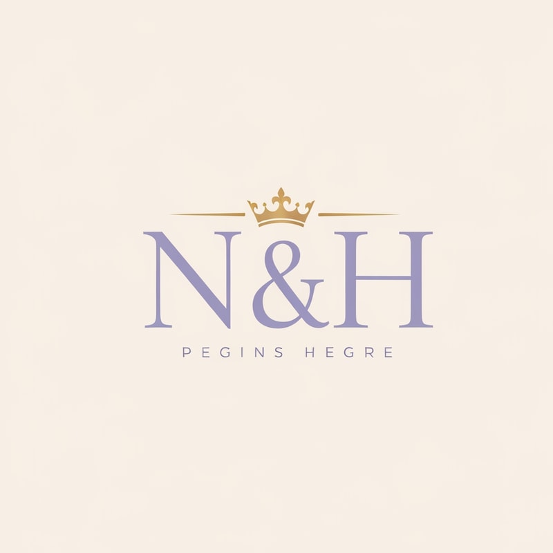 Design a sophisticated feminine logo for “N & H” with elegant serif lettering. Add a small luxurious crown above the initials, styled for a classy feminine brand. Use soft lavender purple as the main color, cream as the secondary tone, and gold accents for elegance and richness. The design should be minimal, luxurious, modern, and feminine. Premium beauty logo, high-end branding, elegant monogram, soft luxury aesthetic, clean background.