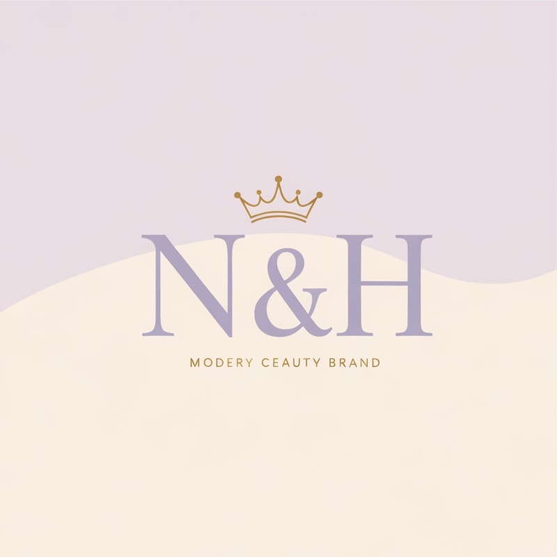 Design a luxurious and feminine logo for the brand name N & H. Use elegant serif typography with a soft feminine touch. Add a delicate princess crown above the initials, designed for a modern classy woman. Use a soft lavender and cream color palette as the main tones, with subtle gold accents for a premium luxurious feel. The logo should look graceful, elegant, minimal, and sophisticated. Clean composition, feminine branding, soft curves, luxury beauty brand style, high-end fashion aesthetic, premium logo design, simple background.