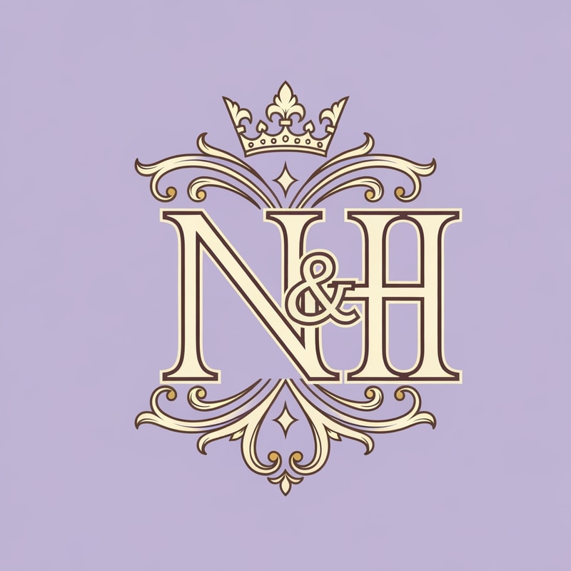 "Royal style N and H logo intertwined, pastel purple (lavender) and cream tones with rich gold detailing, ornate crown on top, classic serif font, luxurious and regal aesthetic, symmetrical design, premium branding, high detail, vector illustration"