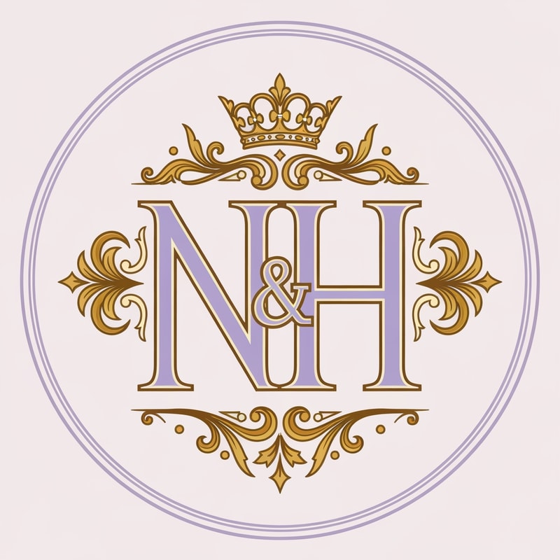 Royal style N and H logo intertwined, pastel purple (lavender) and cream tones with rich gold detailing, ornate crown on top, classic serif font, luxurious and regal aesthetic, symmetrical design, premium branding, high detail, vector illustration