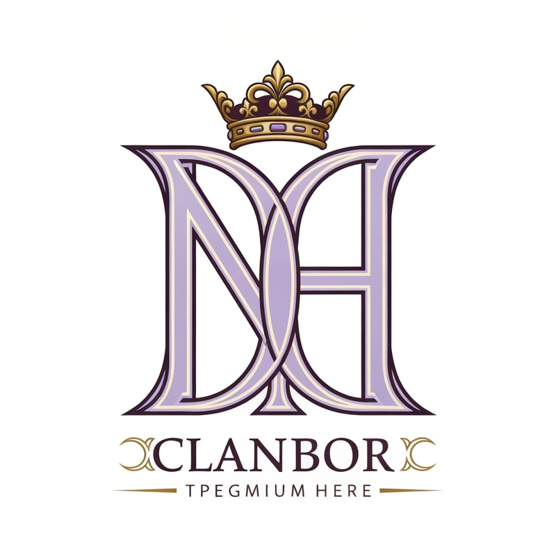 "Royal style N and H logo intertwined, pastel purple (lavender) and cream tones with rich gold detailing, ornate crown on top, classic serif font, luxurious and regal aesthetic, symmetrical design, premium branding, high detail, vector illustration"
