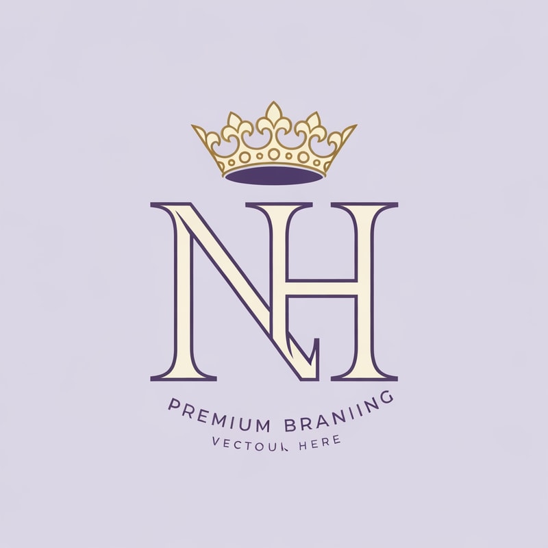 "Royal style N and H logo intertwined, pastel purple (lavender) and cream tones with rich gold detailing, ornate crown on top, classic serif font, luxurious and regal aesthetic, symmetrical design, premium branding, high detail, vector illustration"