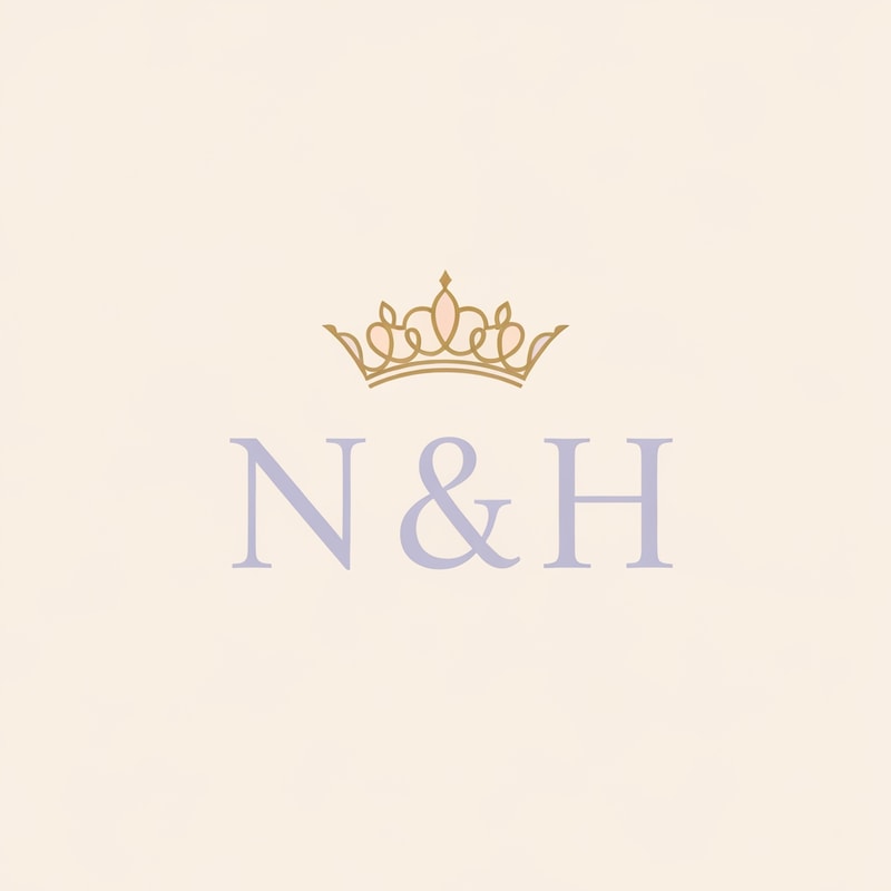 Create an elegant luxury logo with the initials “N & H” in refined serif font. Add a feminine princess crown above the letters, delicate and stylish, designed with soft curves. Use light lavender and creamy beige tones with gold detailing for a premium feminine appearance. The logo should feel graceful, modern, luxurious, and classy. Feminine royal logo design, minimal premium branding, soft luxury style, beauty brand logo, elegant and timeless.