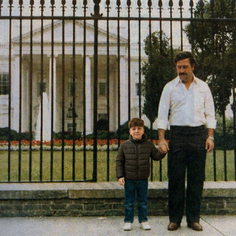 cambia al niño de la primera foto, el que esta agarrandoi la mano del señor, por la persona de la imagen 2. Pero hazla con el mismo formato de color. Pero el niño tiene que estar de la mano. La persona tiene que estar mas pequeño