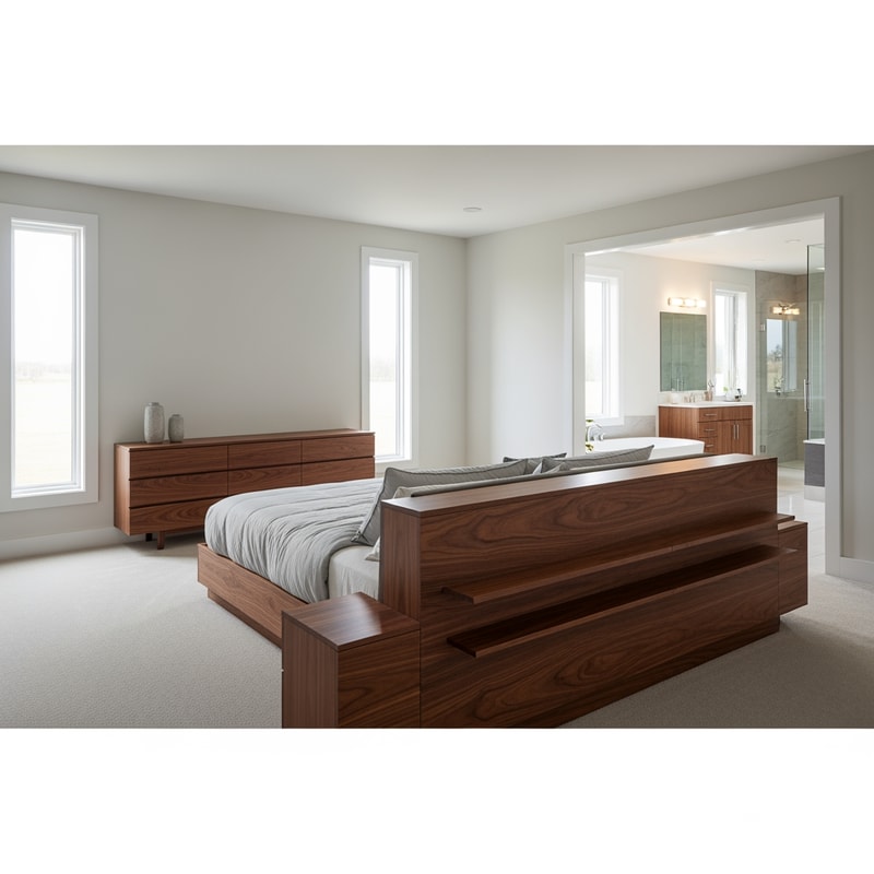 Create a 3D space representing a master suite. Upon entering, you arrive at the sleeping area. The bed is positioned on the right, with two narrow, tall windows on either side of it. Opposite the bed, place a wooden dresser. The bed is made of walnut wood, with long floating shelves extending to the end of the wall and connecting seamlessly to the headboard. To the right of the bed, include an entrance to the bathroom area.