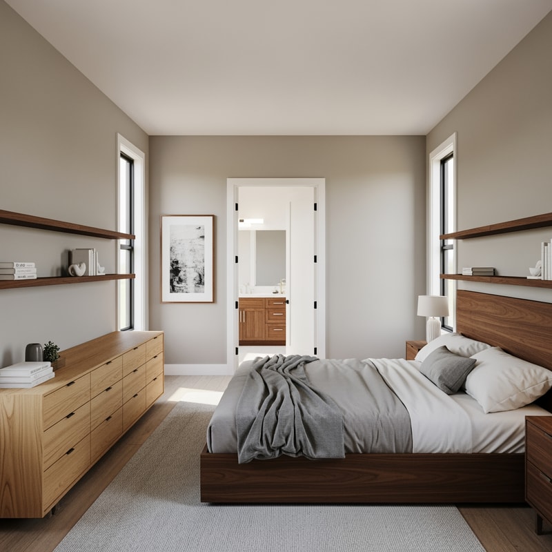 Create a 3D space representing a master suite. Upon entering, you arrive at the sleeping area. The bed is positioned on the right, with two narrow, tall windows on either side of it. Opposite the bed, place a wooden dresser. The bed is made of walnut wood, with long floating shelves extending to the end of the wall and connecting seamlessly to the headboard. To the right of the bed, include an entrance to the bathroom area.