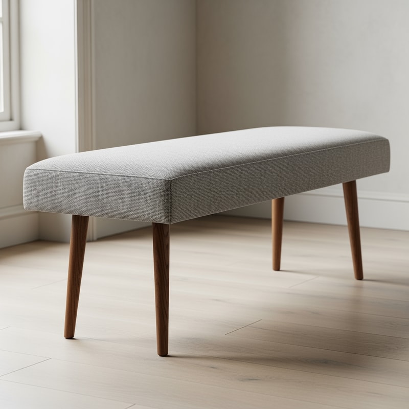 Create a bench with a height of 45 cm from the floor and a length of 1.20 m. It stands on wooden legs and is upholstered in a stone-colored fabric with a subtle texture.
