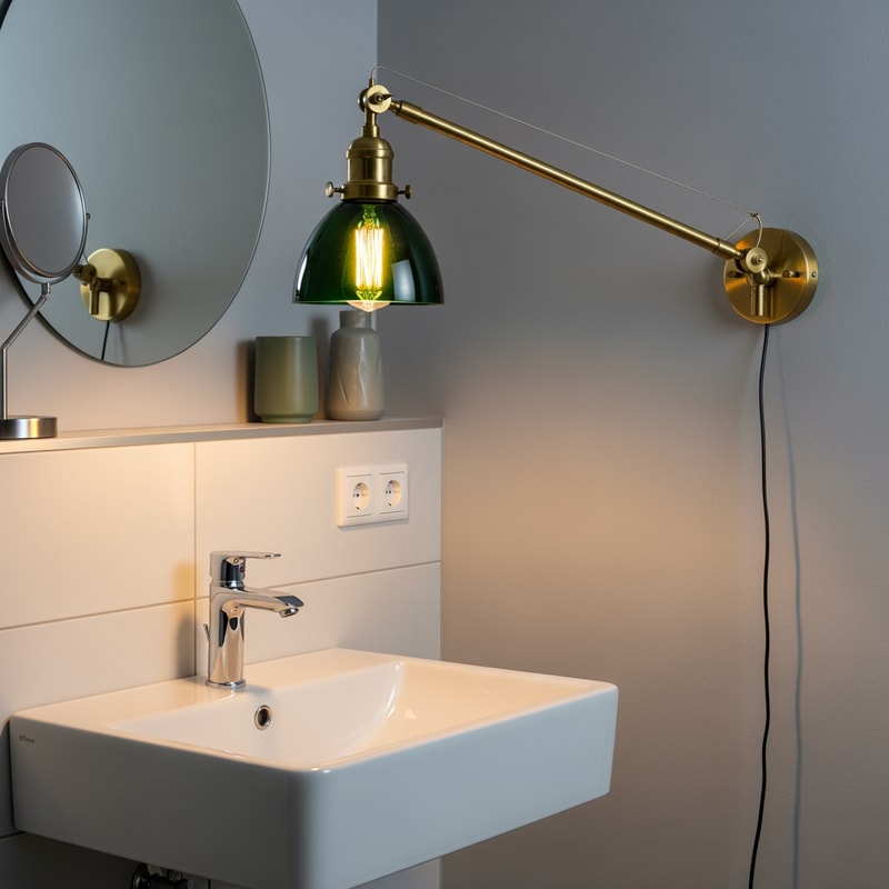 Add a wall-mounted light fixture to the right of the sink, in a student-lamp style with a long adjustable arm.