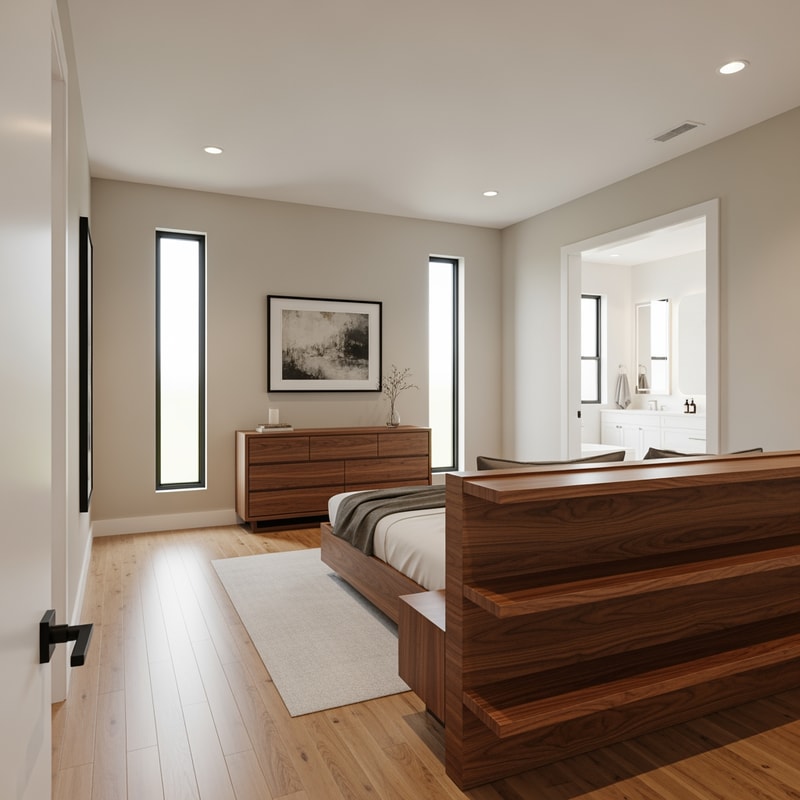 Create a 3D space representing a master suite. Upon entering, you arrive at the sleeping area. The bed is positioned on the right, with two narrow, tall windows on either side of it. Opposite the bed, place a wooden dresser. The bed is made of walnut wood, with long floating shelves extending to the end of the wall and connecting seamlessly to the headboard. To the right of the bed, include an entrance to the bathroom area.