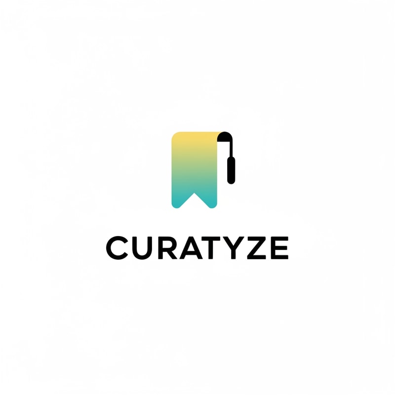 A professional brand identity logo featuring a highly stylized, minimalist notched bookmark icon with a slim hanging tassel positioned immediately above the bold sans-serif wordmark "Curatyze" — Centered composition suitable for high-impact branding; close-up view — Icon uses a smooth, soft yellow-to-teal gradient transition; typography is solid bold black — Flat, high-key studio lighting emphasizes a clean, depthless, professional aesthetic; tech-focused mood — Modern vector graphic; clean flat design ethos (avoid 3D effects or texture) — Generate a single finalized logo image; keep text/logos/labels EXACTLY unchanged; no rewriting, redrawing, correcting, or adding any text — Pure white background.