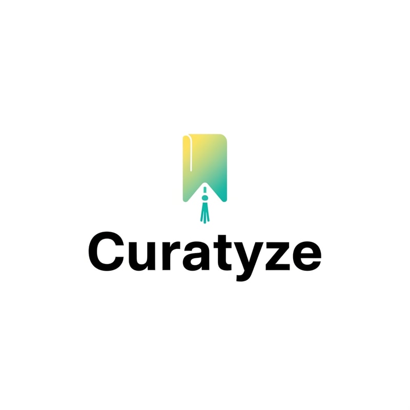 A professional brand identity logo featuring a highly stylized, minimalist notched bookmark icon with a slim hanging tassel positioned immediately above the bold sans-serif wordmark "Curatyze" — Centered composition suitable for high-impact branding; close-up view — Icon uses a smooth, soft yellow-to-teal gradient transition; typography is solid bold black — Flat, high-key studio lighting emphasizes a clean, depthless, professional aesthetic; tech-focused mood — Modern vector graphic; clean flat design ethos (avoid 3D effects or texture) — Generate a single finalized logo image; keep text/logos/labels EXACTLY unchanged; no rewriting, redrawing, correcting, or adding any text — Pure white background.