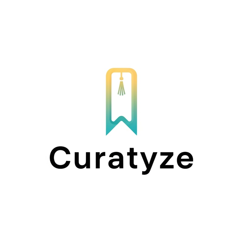 A professional brand identity logo featuring a highly stylized, minimalist notched bookmark icon with a slim hanging tassel positioned immediately above the bold sans-serif wordmark "Curatyze" — Centered composition suitable for high-impact branding; close-up view — Icon uses a smooth, soft yellow-to-teal gradient transition; typography is solid bold black — Flat, high-key studio lighting emphasizes a clean, depthless, professional aesthetic; tech-focused mood — Modern vector graphic; clean flat design ethos (avoid 3D effects or texture) — Generate a single finalized logo image; keep text/logos/labels EXACTLY unchanged; no rewriting, redrawing, correcting, or adding any text — Pure white background.