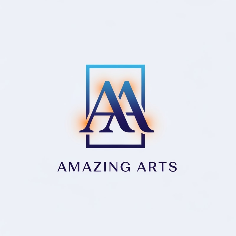 Create a modern logo for a film production company called “Amazing Arts.”
The logo should refine and modernize an existing monogram of two serif “A” letters joined together.
The monogram should subtly resemble a film frame or cinema screen shape, symbolizing storytelling and production.
Use elegant modern serif typography for both the monogram and the brand name.
Apply a gradient blue base with orange cinematic glow accents, inspired by film lighting and studio spotlights.
Style should be minimal, cinematic, sophisticated, professional film studio branding.
The symbol should feel iconic but not overly abstract.
Clean vector logo, brand identity mockup.