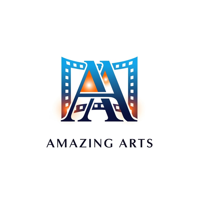 Create a modern logo for a film production company called “Amazing Arts.”
The logo should refine and modernize an existing monogram of two serif “A” letters joined together.
The monogram should subtly resemble a film frame or cinema screen shape, symbolizing storytelling and production.
Use elegant modern serif typography for both the monogram and the brand name.
Apply a gradient blue base with orange cinematic glow accents, inspired by film lighting and studio spotlights.
Style should be minimal, cinematic, sophisticated, professional film studio branding.
The symbol should feel iconic but not overly abstract.
Clean vector logo, brand identity mockup.