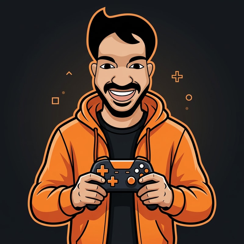 A clean vector mascot character of a smiling man with a mustache, matching a flat cartoon avatar style, bold black outlines, smooth shading. The character is wearing an open orange hoodie with black inner shirt, modern gaming style. He is holding a game controller with both hands in front of his chest. The controller is minimal, dark with orange and white buttons. The hoodie has soft shading and highlights similar to the face style. Symmetrical composition, centered, logo design style, high contrast orange and black color theme, clean background, esports mascot style, modern and professional.