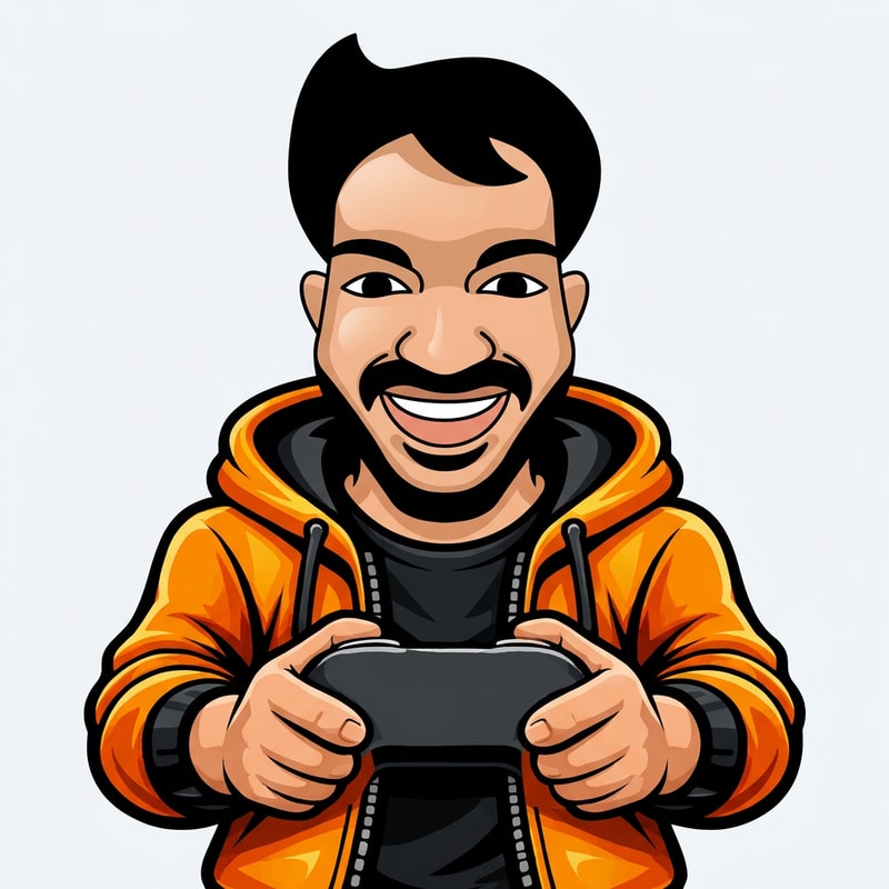 A clean vector mascot character of a smiling man with a mustache, matching a flat cartoon avatar style, bold black outlines, smooth shading. The character is wearing an open orange hoodie with black inner shirt, modern gaming style. He is holding a game controller with both hands . The controller is minimal. . The hoodie has soft shading and highlights similar to the face style. Symmetrical composition, centered, logo design style, high contrast orange and black color theme, clean background, esports mascot style, modern and professional.
need this body proportions but newly generated 2nd  picture