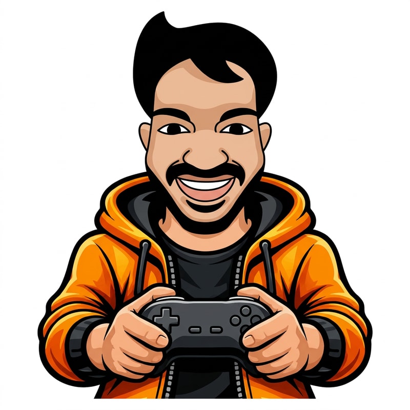 A clean vector mascot character of a smiling man with a mustache, matching a flat cartoon avatar style, bold black outlines, smooth shading. The character is wearing an open orange hoodie with black inner shirt, modern gaming style. He is holding a game controller with both hands . The controller is minimal. . The hoodie has soft shading and highlights similar to the face style. Symmetrical composition, centered, logo design style, high contrast orange and black color theme, clean background, esports mascot style, modern and professional.
need this body proportions but newly generated 2nd  picture