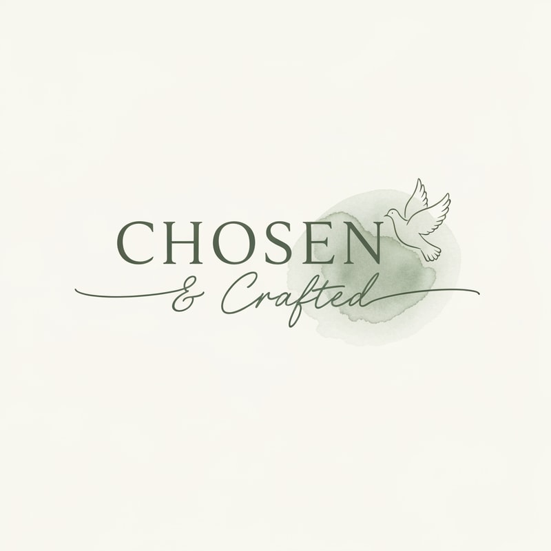 Minimal elegant logo for ‘Chosen & Crafted’ with soft serif + handwritten script, neutral beige and sage green palette, subtle olive branch or dove, watercolor texture, warm handmade aesthetic, clean and premium, minimal design