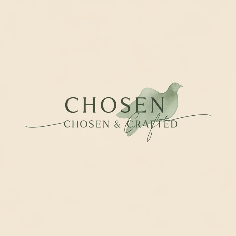 Minimal elegant logo for ‘Chosen & Crafted’ with soft serif + handwritten script, neutral beige and sage green palette, subtle olive branch or dove, watercolor texture, warm handmade aesthetic, clean and premium, minimal design