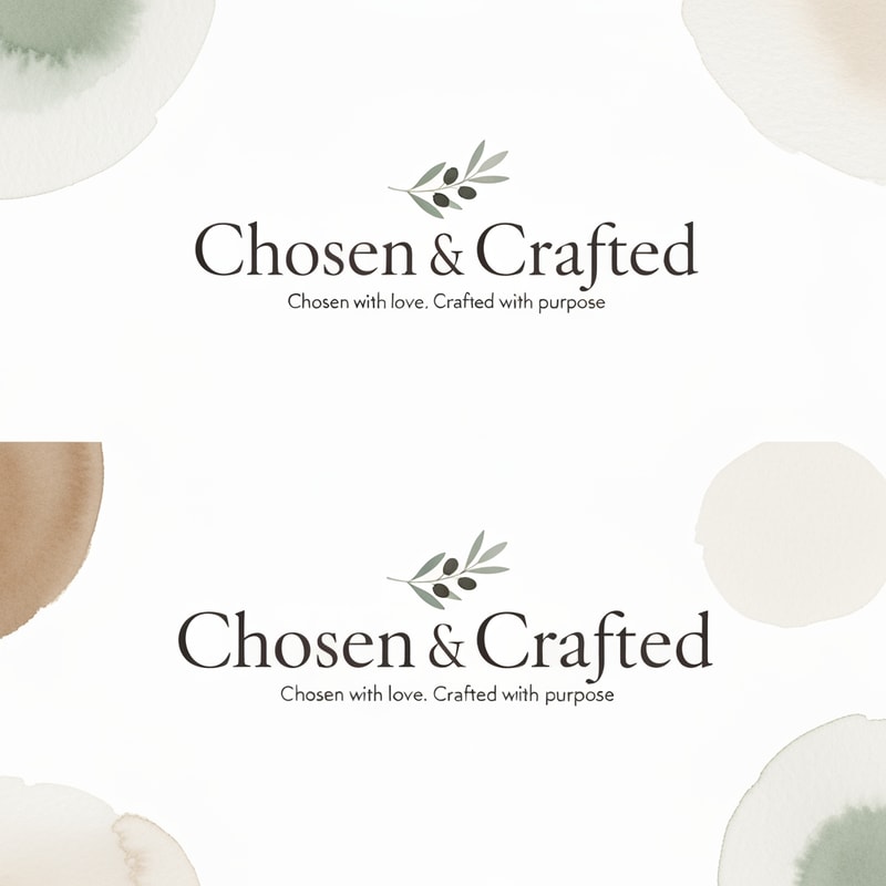 Design a minimal, elegant logo for a faith-inspired handmade gifting brand named “Chosen & Crafted” with the tagline “Chosen with love. Crafted with purpose.”

The logo should reflect a soft, warm, and meaningful aesthetic, conveying a sense of intentional gifting, love, and craftsmanship. The overall style must feel premium yet personal, avoiding anything bold, loud, or overly decorative.

Use a refined combination of typography:

A clean, elegant serif or modern minimalist font for the brand name
Paired with a subtle handwritten or calligraphy-style script to add a handcrafted, personal touch

Incorporate very minimal symbolic elements, such as:

A delicate olive branch, soft floral accent, or subtle dove motif
Keep symbols light, airy, and understated (not dominant)

Color palette should be soft and neutral, including:

Off-white / ivory base
Beige and soft brown tones
Muted sage or earthy green accents

The composition should be balanced and versatile, suitable for:

Instagram branding
Packaging (stickers, thank-you cards)
Greeting cards and wedding trays

The logo must maintain clarity in both horizontal and stacked versions, and should also work well in monochrome.

Lighting and texture inspiration:

Soft watercolor wash backgrounds
Gentle paper texture feel
Subtle brush or ink detailing

Mood keywords:
minimal, elegant, soft, feminine, handcrafted, warm, intentional, faith-inspired, timeless

Avoid:

Bold or heavy fonts
Bright or saturated colors
Overly religious or complex symbols
Cluttered layouts