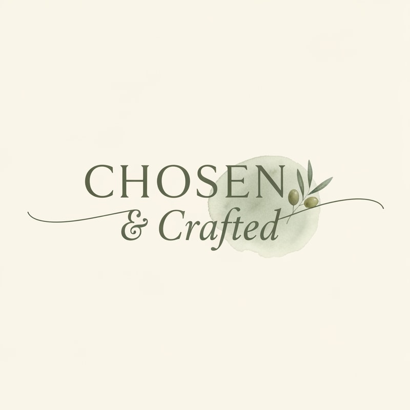 Minimal elegant logo for ‘Chosen & Crafted’ with soft serif + handwritten script, neutral beige and sage green palette, subtle olive branch or dove, watercolor texture, warm handmade aesthetic, clean and premium, minimal design