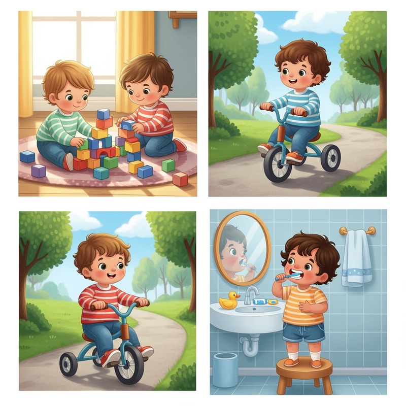 , ציורים של ילדים בני שנתיים משחקים, נוסעים באופניים, , מצחצחים שיניים