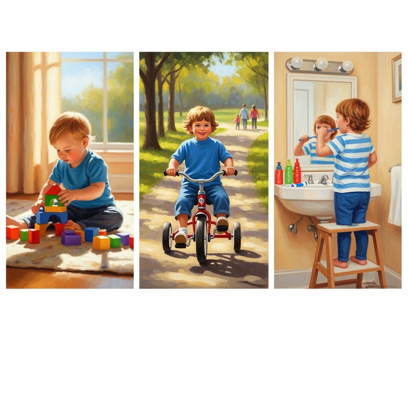 , ציורים של ילדים בני שנתיים משחקים, נוסעים באופניים, , מצחצחים שיניים