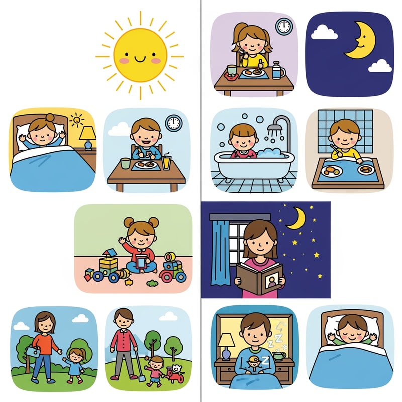 ציורים לילדים שני שנתיים של פעולות שעושים ביום ופעולות שעושים בלילה