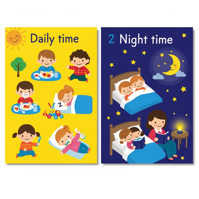 ציורים לילדים שני שנתיים של פעולות שעושים ביום ופעולות שעושים בלילה