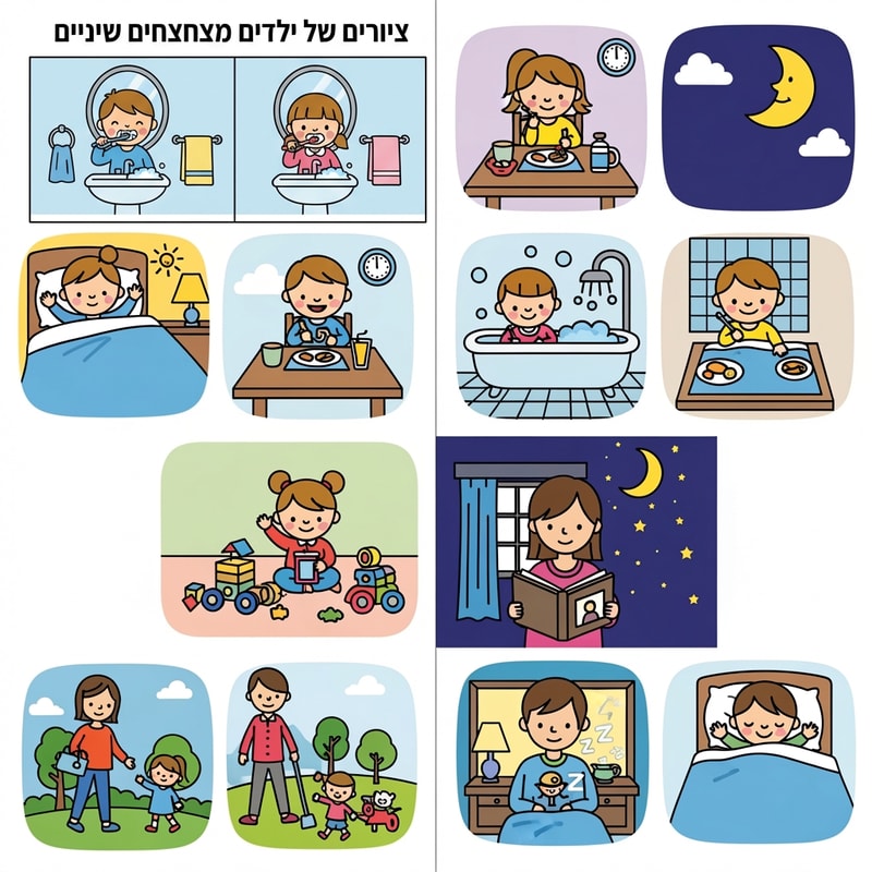 Match the style of the reference image and create: ציורים של ילדים מצחצחים שיניים