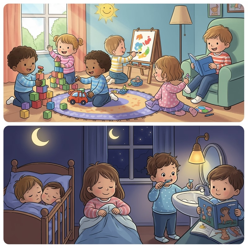 ציורים לילדים שני שנתיים של פעולות שעושים ביום ופעולות שעושים בלילה