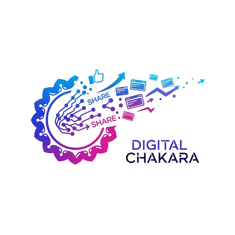 Design a bold and creative logo for “Digital Chakara”, a modern digital marketing and website development company. The logo should show a digital chakra transforming into social media and digital marketing elements like likes, shares, growth arrows, and website screens. Use vibrant modern gradient colors such as blue, purple, pink, and cyan. Clean, minimal, and futuristic style. Professional branding look.