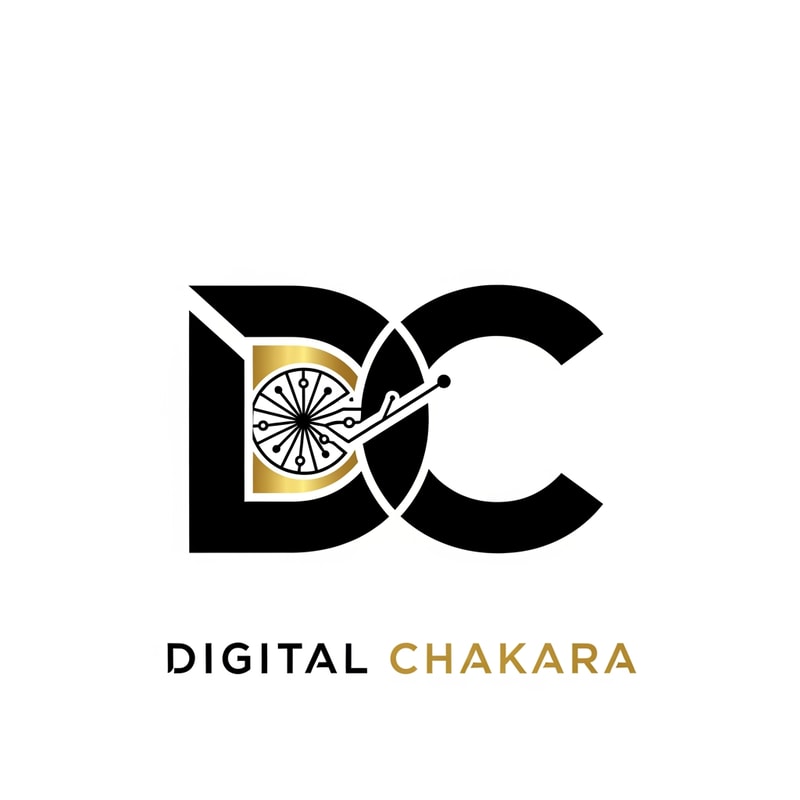 Create a modern monogram logo for ‘Digital Chakara’ using the initials ‘DC’. The design should be sleek, bold, and minimal. Include a subtle chakra or digital growth symbol. Corporate, clean, and futuristic style. Use black, gold, and white with strong contrast. Suitable for a global digital marketing and tech company.