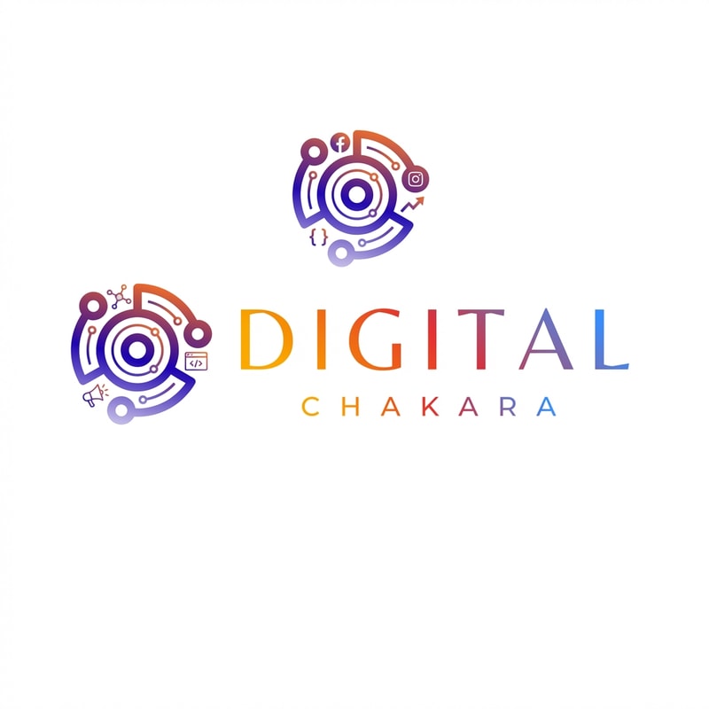 Modify this logo for ‘Digital Chakara’. Enhance the circle icon by adding minimal digital marketing elements such as social media network nodes, small abstract icons representing Instagram, Facebook, advertising, and website development. Include subtle symbols like code brackets, growth arrows, and data connections inside the circle. Keep the design clean, modern, and minimal. Do not overcrowd the logo. Use the same gradient color style and futuristic look. The final design should look premium, innovative, and scalable for global branding.