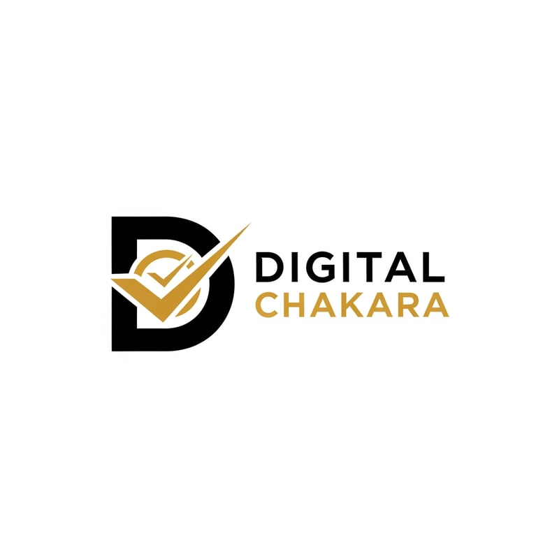 Create a bold, modern, and professional logo for a digital marketing company named ‘Digital Chakara’. The logo should feature a strong geometric symbol combined with clean typography. Use a monogram style icon with the letter ‘D’ and a modern abstract chakra or checkmark element. Minimal, corporate, and powerful look. Color palette: black, gold, and white. Flat design, simple, scalable, suitable for website, social media, and business branding.