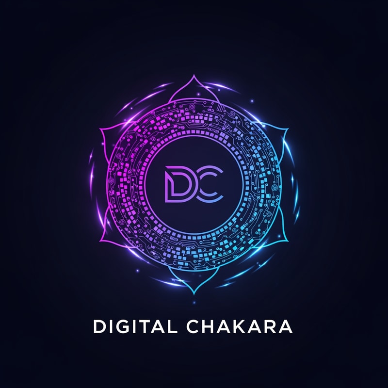 Create a premium, modern and futuristic logo for a digital marketing and IT company named “Digital Chakara”. The logo should feature a glowing digital chakra symbol made with technology elements like pixels, data lines, circuits, and neon energy. The chakra should look powerful, dynamic, and futuristic. Inside the chakra, include a stylish “DC” monogram. Use royal purple, electric blue and neon gradient colors on a dark background. The design should be minimal, clean, luxurious, and professional. Vector style, high quality, suitable for website, social media and branding.