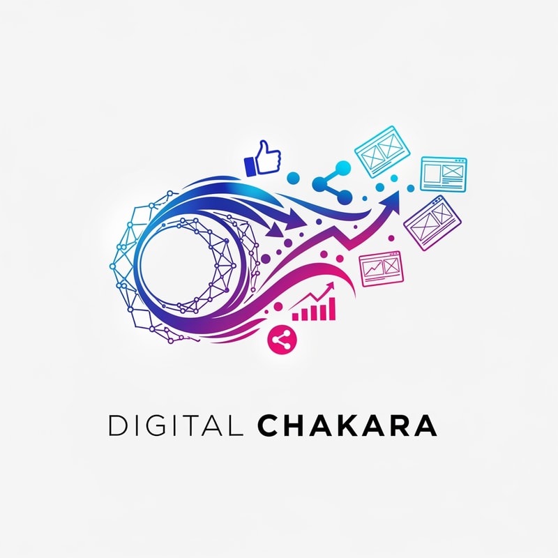 Design a bold and creative logo for “Digital Chakara”, a modern digital marketing and website development company. The logo should show a digital chakra transforming into social media and digital marketing elements like likes, shares, growth arrows, and website screens. Use vibrant modern gradient colors such as blue, purple, pink, and cyan. Clean, minimal, and futuristic style. Professional branding look.
