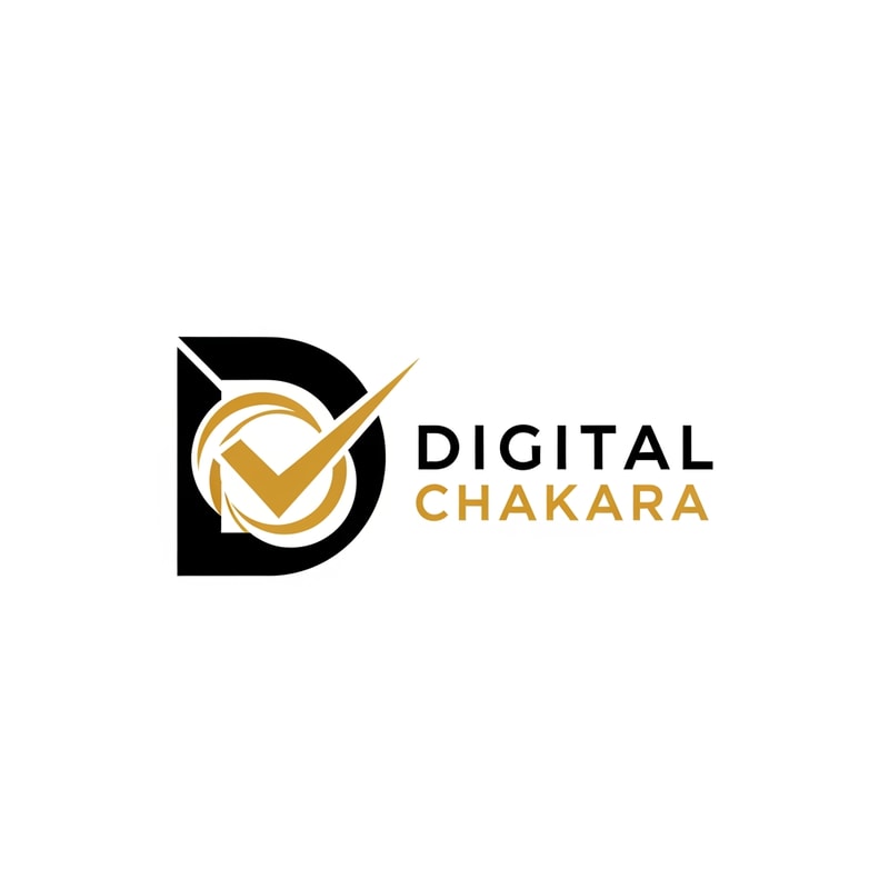 Create a bold, modern, and professional logo for a digital marketing company named ‘Digital Chakara’. The logo should feature a strong geometric symbol combined with clean typography. Use a monogram style icon with the letter ‘D’ and a modern abstract chakra or checkmark element. Minimal, corporate, and powerful look. Color palette: black, gold, and white. Flat design, simple, scalable, suitable for website, social media, and business branding.