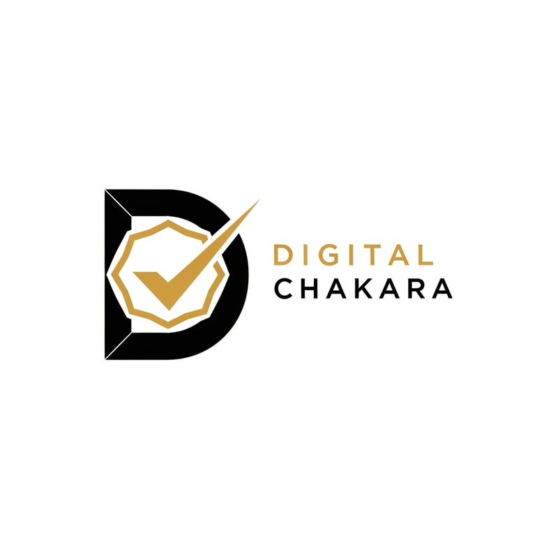 Create a bold, modern, and professional logo for a digital marketing company named ‘Digital Chakara’. The logo should feature a strong geometric symbol combined with clean typography. Use a monogram style icon with the letter ‘D’ and a modern abstract chakra or checkmark element. Minimal, corporate, and powerful look. Color palette: black, gold, and white. Flat design, simple, scalable, suitable for website, social media, and business branding.