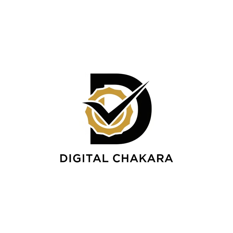 Create a bold, modern, and professional logo for a digital marketing company named ‘Digital Chakara’. The logo should feature a strong geometric symbol combined with clean typography. Use a monogram style icon with the letter ‘D’ and a modern abstract chakra or checkmark element. Minimal, corporate, and powerful look. Color palette: black, gold, and white. Flat design, simple, scalable, suitable for website, social media, and business branding.