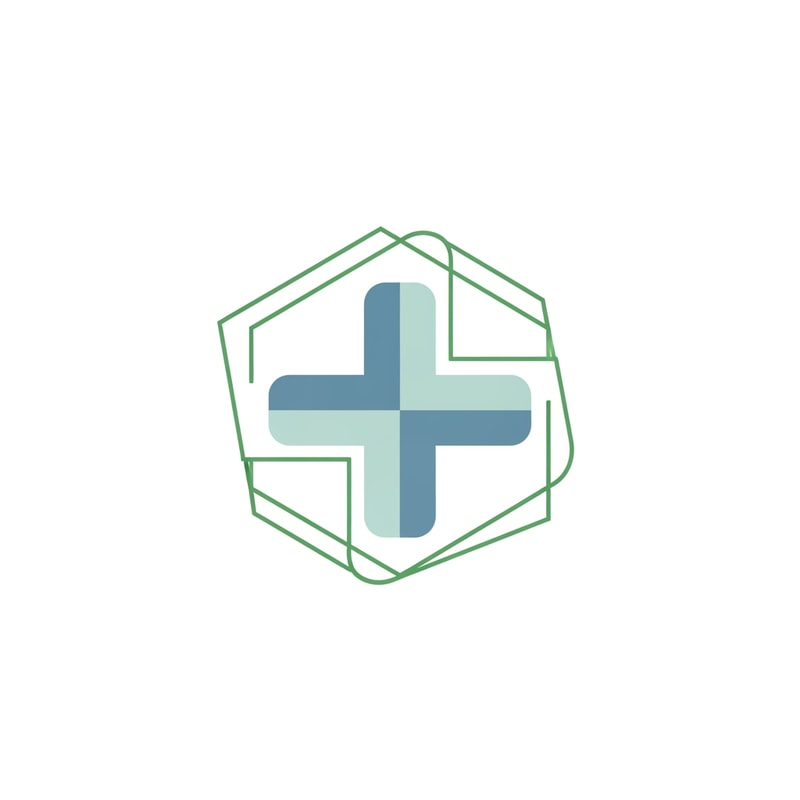 A minimalist pharmacy icon or medical brand mark — Centered and symmetrical vector graphic with isolated framing, A professional palette of clinical greens and blues, Clean, sterile, and trustworthy mood, Flat vector graphic style with sharp geometric lines, Do not include any text, letters, numbers, or labels; keep the design strictly as a symbolic icon, Solid flat white background.