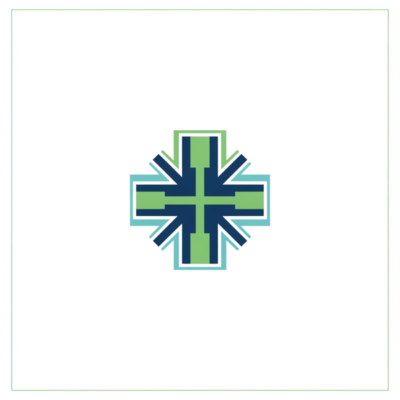 A minimalist pharmacy icon or medical brand mark — Centered and symmetrical vector graphic with isolated framing, A professional palette of clinical greens and blues, Clean, sterile, and trustworthy mood, Flat vector graphic style with sharp geometric lines, Do not include any text, letters, numbers, or labels; keep the design strictly as a symbolic icon, Solid flat white background.